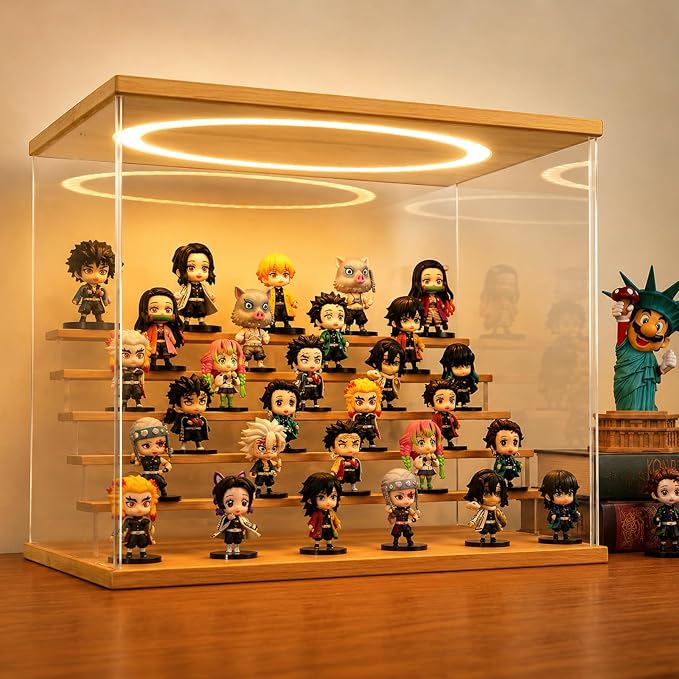 Acrylic Display Case with Adjustable LED Light, 6 L Tier Clear Display Box Dustproof Showcase for Action Figures, Collectibles and Mini Toys, Assembly Display Cabinet(Wood 19.7*12.6*16.5in)