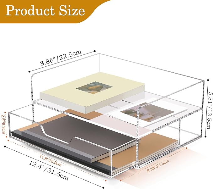 SANRUI 2-Tier File Organizer with 1Drawer, Acrylic Stackable Letter Tray | Desk Drawer Organizer with Paper Tray, Versatile Clear Acrylic Organization for Office Supplies, Home & School Organization
