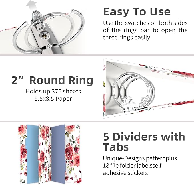 EYROZILL Mini Binder 3 Ring 2 Inch for 5.5" x 8.5" Paper with 5-Tab Dividers, A5 Binders with Clipboard for School Office Supplies and Home, Rose