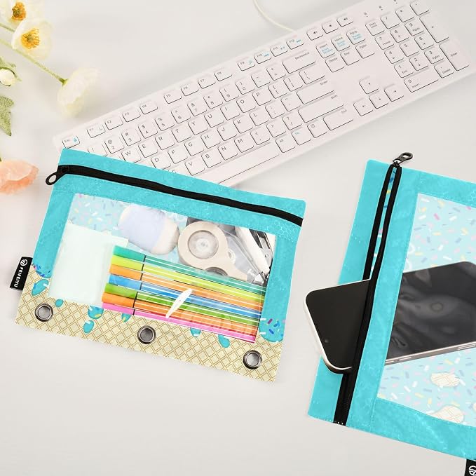 Custom Teal Blue Ice Cream Print Pencil Pouch for 3 Ring Binder, 2 Pack Personalized Name Waterproof Pencil Bags Clear Window Pencil Case School Office Supplies