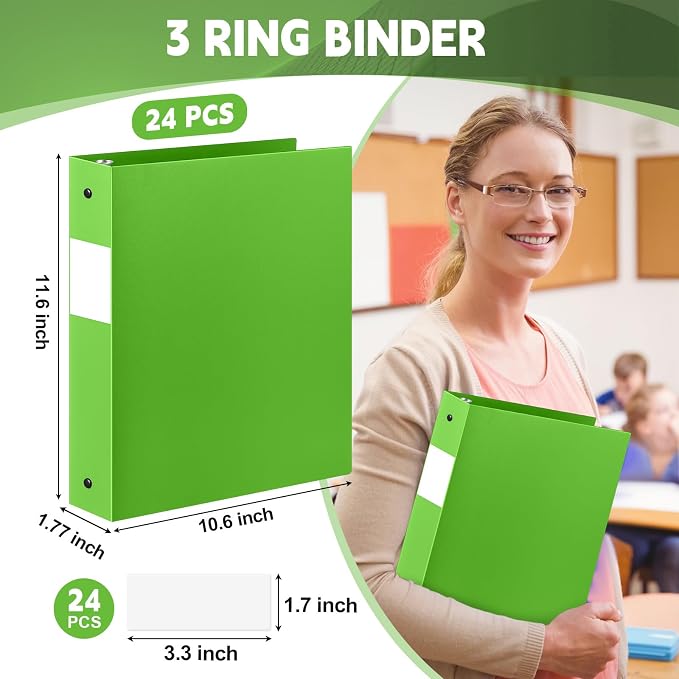 Henoyso 24 Pcs 1.5 Inch 3 Ring Binders, Letter Size,Lime Green | Binders Bulk, Holds 350 Sheets, Round Rings, Durable Flexible PP Plastic Covers, Pockets Labels, School Office Supplies
