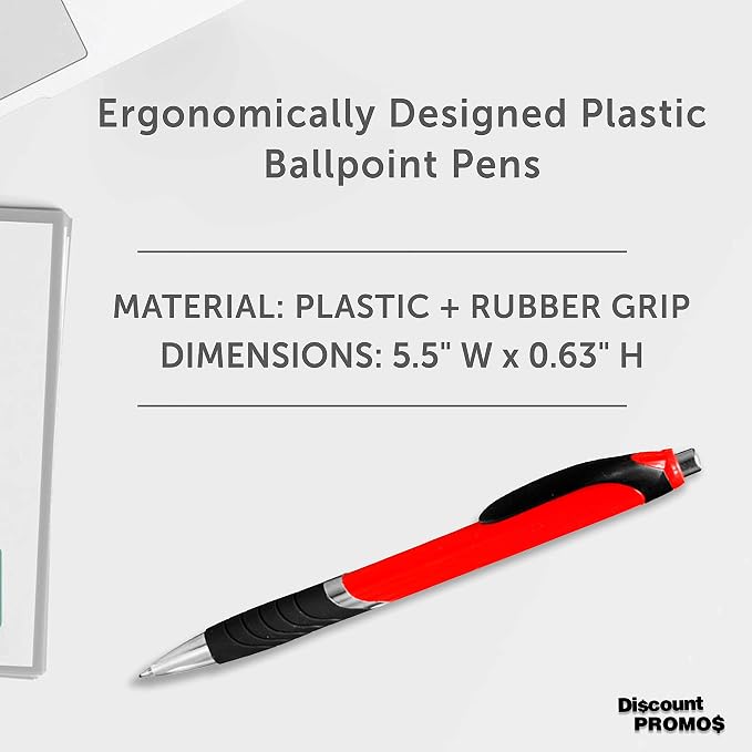 DISCOUNT PROMOS Ballpoint Pens With Rubber Grip - 10 pack - Black Ink Ball Point Pen with Soft Touch Plastic - Red