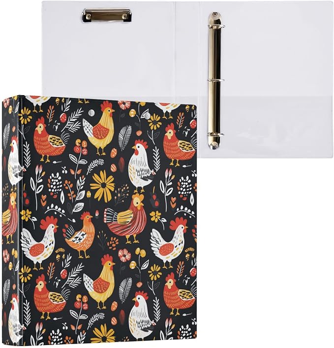 Colorful Chickens with Floral Black 1.5 Inch Binders 3 Ring with Clipboard&2 Pockets Large Heavy Duty Binders Decorative D-Ring Binder Flexible Hardcover Binders, Holds 200 Sheets