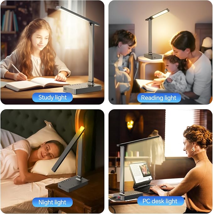 Desk Lamp with USB Charging Port: Power Strip with Surge Protection - 1 Type-C, 1 USB-A Charging Port, 2 AC Power Outlets, Desk Lamps for Home Office College Dorm Room Essentials