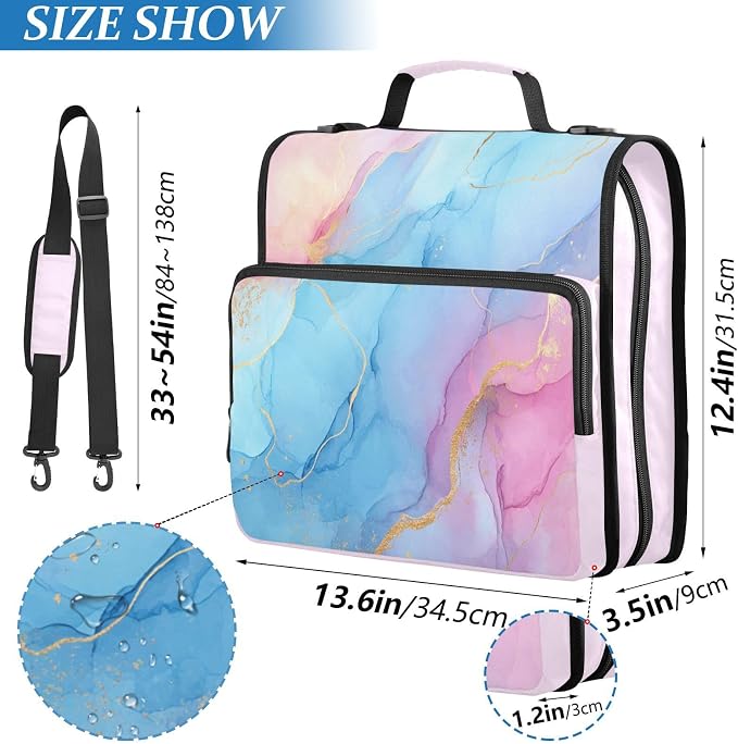 Blue Pink Marble Pattern 3 Ring Zipper Binder with Shoulder Strap & Handle 3 Inch D-Ring Zippered Bag with Pencil Pouch,Multiple Pocket & Expanding File Folder, Binder Organizer for School or Office