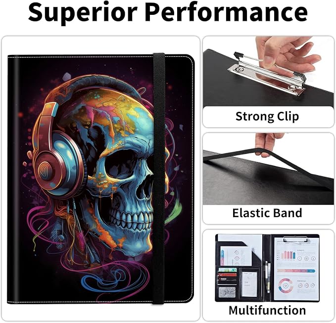 Padfolio/Portfolio Folder Clipboard,Padfolio Clipboard,Writing Portfolio Leather with Cover for Card Holder Slot Letter Size A4 for Office Conference Notepad Clip Boards,Skull with Headphones