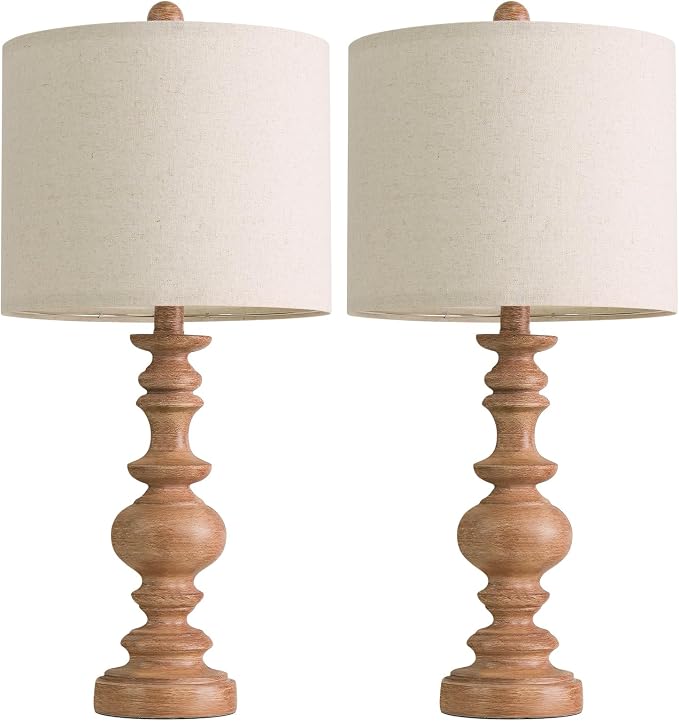 BOBOMOMO 24" Farmhouse Table Lamps Set of 2 – Rustic Light Brown Resin Bedside Lamps with Linen Shades, Medium Size Nightstand Lamps for Bedroom, Living Room, and Entryway, Ideal for Warm, Cozy Spaces