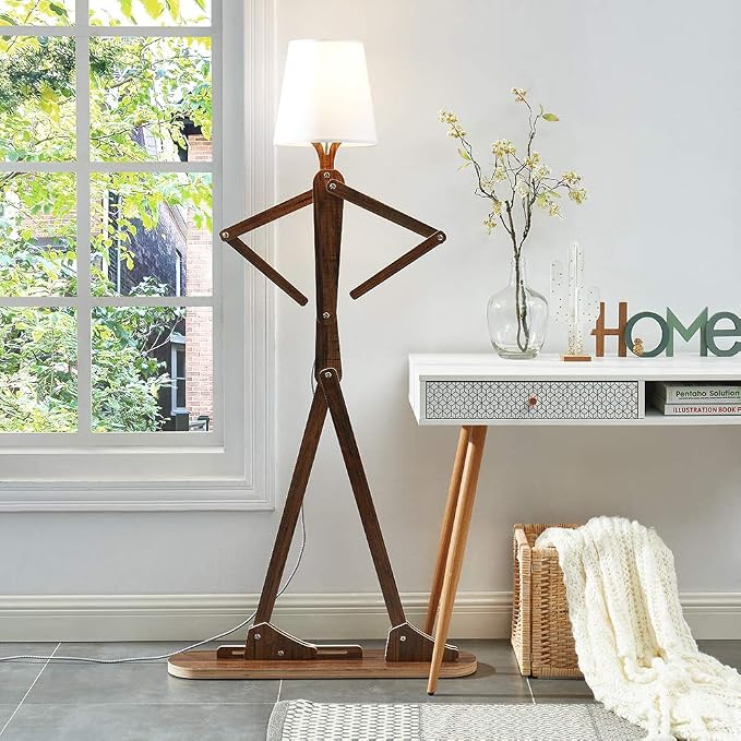 Unique Tall Reading Wood Floor Lamp, LED Bulb Included, Teak | Cool Decorative Corner, Rustic Swing Arm Standing Lighting for Kids Bedroom, Living Room, Dorm, Office, Farmhouse