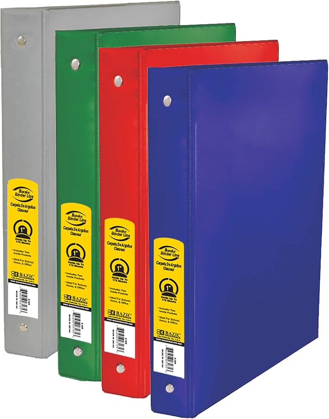 BAZIC Products 1" Color 3-Ring Binder, Round Ring, 2 Pockets, 4-Set | round rings, 1 in Assorted Color 3-ring binder, 2 inside pockets, holds up to 175 sheets, Durable poly cover