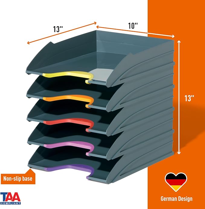 Durable VARICOLOR Gray Letter Tray - Set of 5 Stackable Color Coded Letter Trays - Letter Size Files - Perfect for Storing Documents and Paper Work