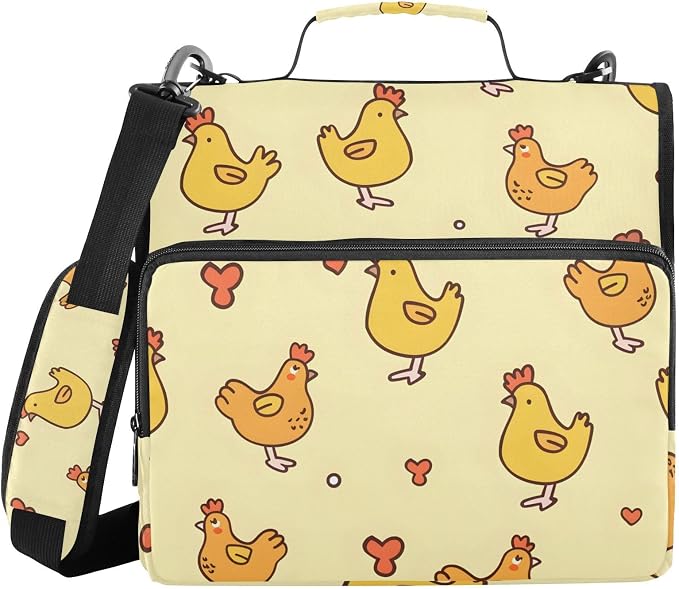 3 Ring Zipper Binder with Shoulder Strap Cute Chicken Yellow Farm 1.5 inch Binders Keeper Large Capacity Multi Pockets for School Office Supplies