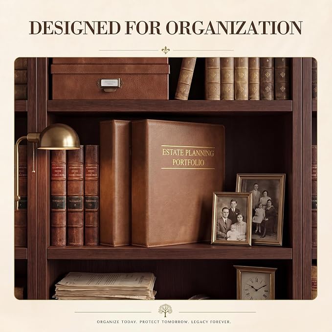 Dunzoom 4 Pcs Estate Planning Portfolio Binder PU Leather 3 Ring Binders with Gold Title and Index Tab Dividers, 11'' x 11.8'' x 2.4'' Estate Planning Organizer (Brown)