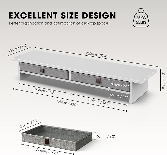 Fenge 35 Inch Monitor Stand with Drawer Storage, Computer Riser for Desk | Wooden Computer Shelf, 2 Tiers, for Dual Monitor/Laptop/PC/TV/Printer up to 55Lbs, Home Office Desk Organizer