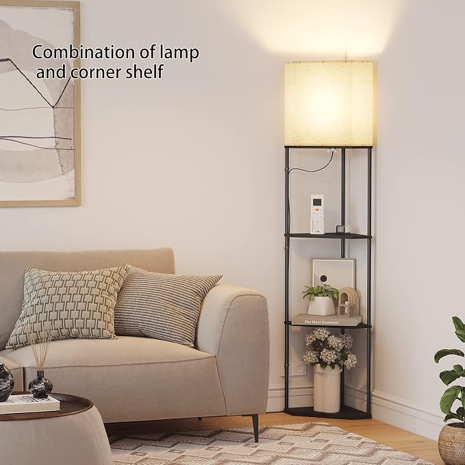 SUNMORY Sector Corner Shelf Lamp 3 Color Temperatures LED Bulb,Corner Lamps with Linen Lampshade, Floor Lamps for Living Room, Bedroom, Study, Black Standing Lamp with Shelves | 3 CCT LED Bulb Include, 4-Tier Display Bookshelf, 63" Tall Standing Lamp, ...