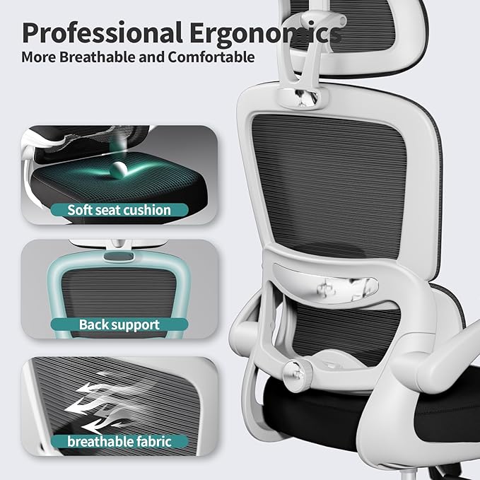 TRALT Office Chair Ergonomic Desk Chair - Gaming Chair with Lumbar Support | 330 LBS Home Office Desk Chairs with Headrest, Reading Chair with Flip-up Armrests, Comfortable Computer Chairs (1, Black)