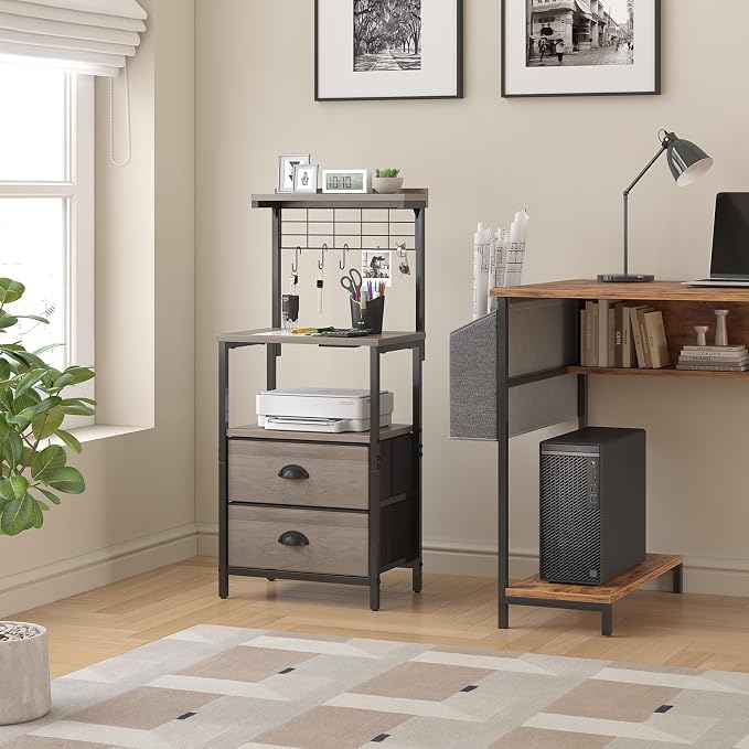 sthmec Tall Nightstands with Charging Station, LED Night Stand Bedsides with 2 Drawers Fabric, Hooks,USB Port and Open Storage Shelves,Tall End Table Bedside for Bedroom,Office, Grey