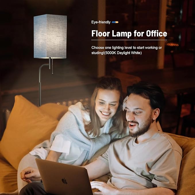 Modern Floor Lamp with 3 Color Temperatures, Square Linen Shade & Solid Iron Flat Base for Stability - Perfect for Compact Spaces Under Sofas or Behind Sectionals, Living Room, Bedroom, Office, Blue