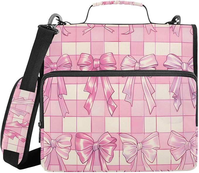 3 Ring Zipper Binder with Shoulder Strap Bow Tie Pink Buffalo Plaid 1.5 inch Binders Keeper Large Capacity Multi Pockets for School Office Supplies