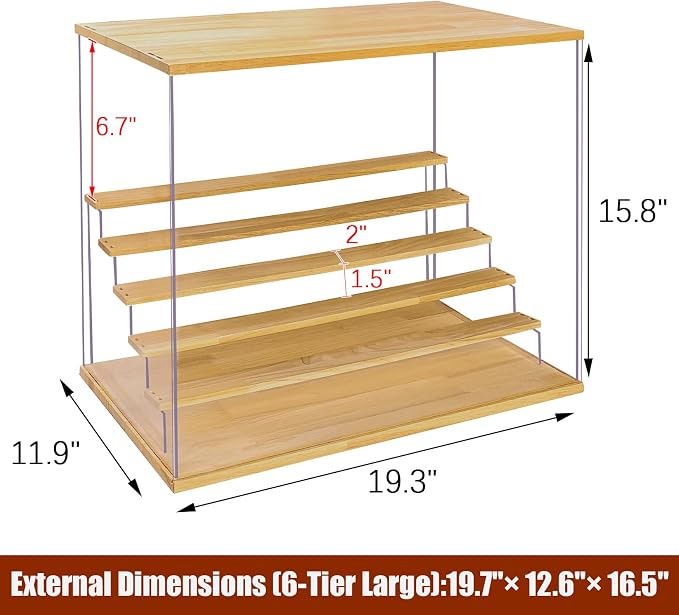 Acrylic Display Case with Adjustable LED Light, 6 L Tier Clear Display Box Dustproof Showcase for Action Figures, Collectibles and Mini Toys, Assembly Display Cabinet(Wood 19.7*12.6*16.5in)