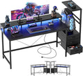 52 inch Gaming Desk with Drawers, Reversible Computer Desk, Black | Gamer Desk with LED Lights, Power Outlets & Monitor Stand, Large Office Table for Home Bedroom Study Work Writing