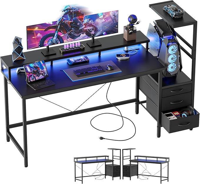 52 inch Gaming Desk with Drawers, Reversible Computer Desk, Black | Gamer Desk with LED Lights, Power Outlets & Monitor Stand, Large Office Table for Home Bedroom Study Work Writing