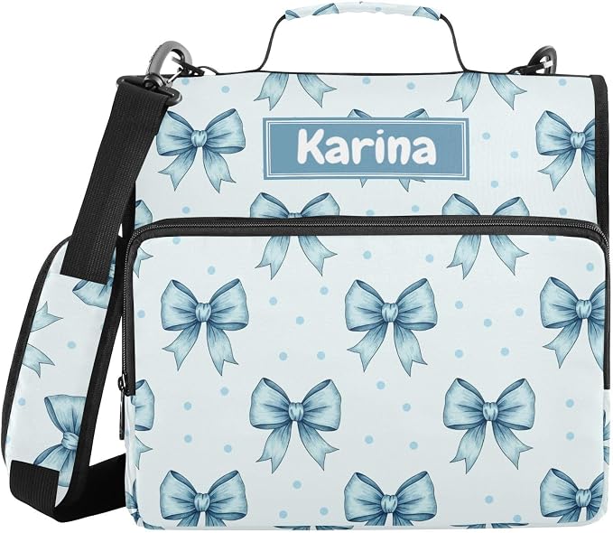 Custom Bow Light Blue Print 3 Ring Zipper Binder with Shoulder Strap & Handle 1.5 Inch D-Ring Zippered Bag with Multiple Pocket, Personalized Binder Organizer for School or Office