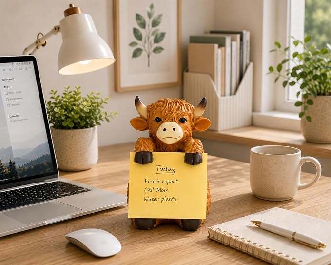 Highland Cow Pop-Up Sticky Note Dispenser for 3 x 3 in Notes, Brown | Includes 100 sheets, handmade resin desk decor for office, home or classroom, gift for teachers, coworkers and cow lovers