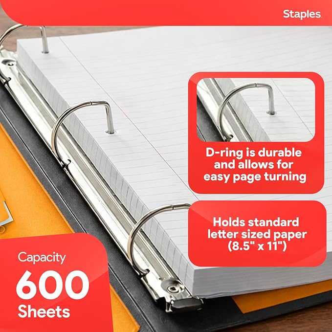 Staples 3 Inch D-Ring Heavy-Duty View Binder, Orange, Holds 600 Sheets | Reinforced 3-ring construction for school and office document storage.