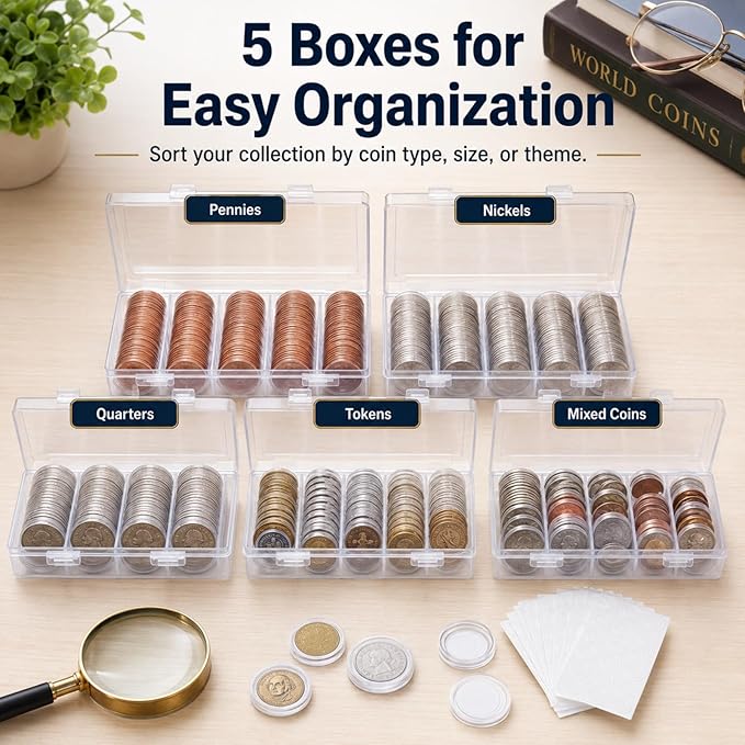 APACALI 500 PCS Coin Capsules Holders for Collectors, 30mm Clear Plastic Coin Holders with Foam Gaskets, 5 Storage Organizer Boxes, Coin Collection Supplies for 17/20/25/27/30mm Coins