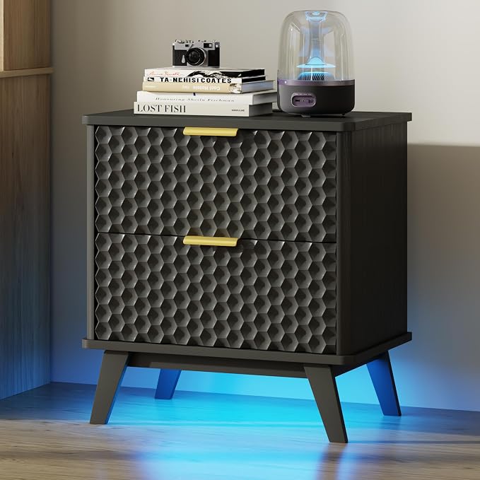 Smart Nightstand with Charging Station and LED Lights | 23.62" Wide Night Stand with 2 Drawers, Motion Sensor Motion-Activated Underlight, Honeycomb Bedside Table for Bedroom, Black