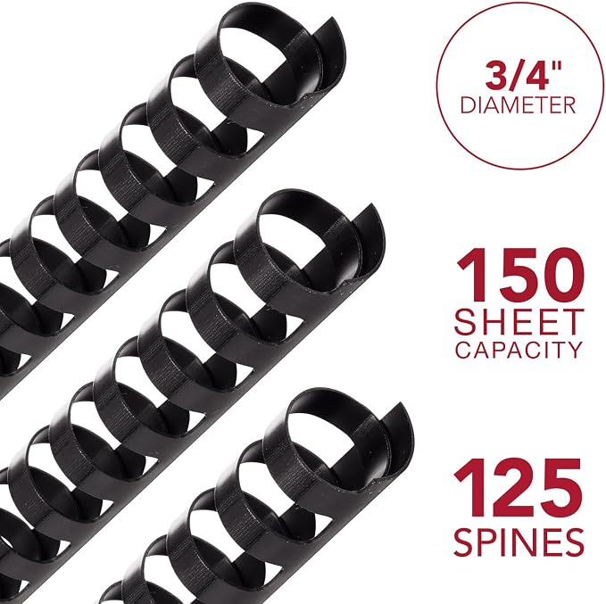 Mead CombBind Binding Spines/Spirals/Coils/Combs, 3/4", 150 Sheet Capacity, Black, 125 Pack (4000136)