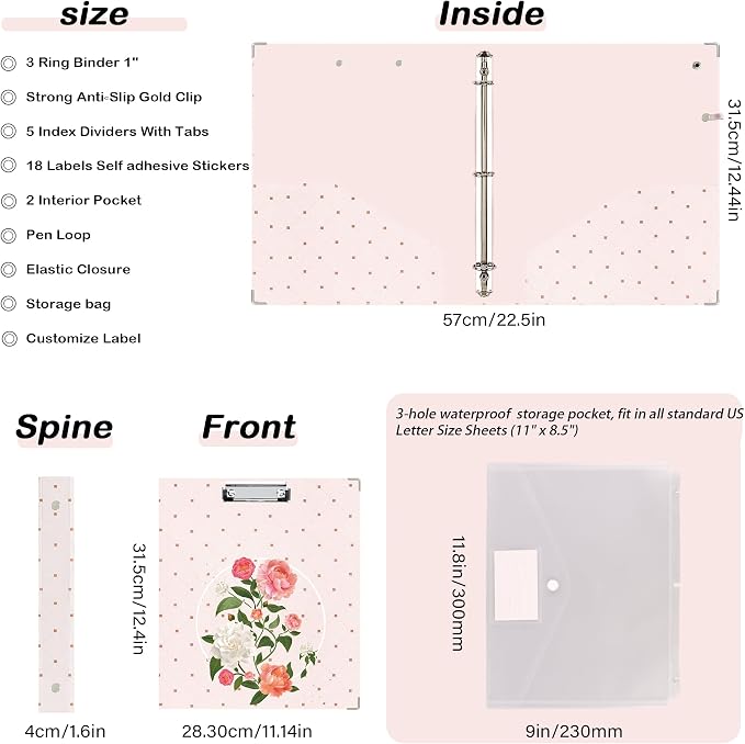 3 Ring Binder 1 inch with Clipboard - Soft Pink Floral Design, Includes Dividers, File Bag & Spine Label - Perfect for Students, Teachers, and Professionals, Holographic Waterproof Film
