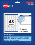 Avery® Matte White Removable Square Labels, Sure Feed® Technology, Print-to-The-Edge, 1" x 1", 720 Removable Labels, Laser/Inkjet Printable