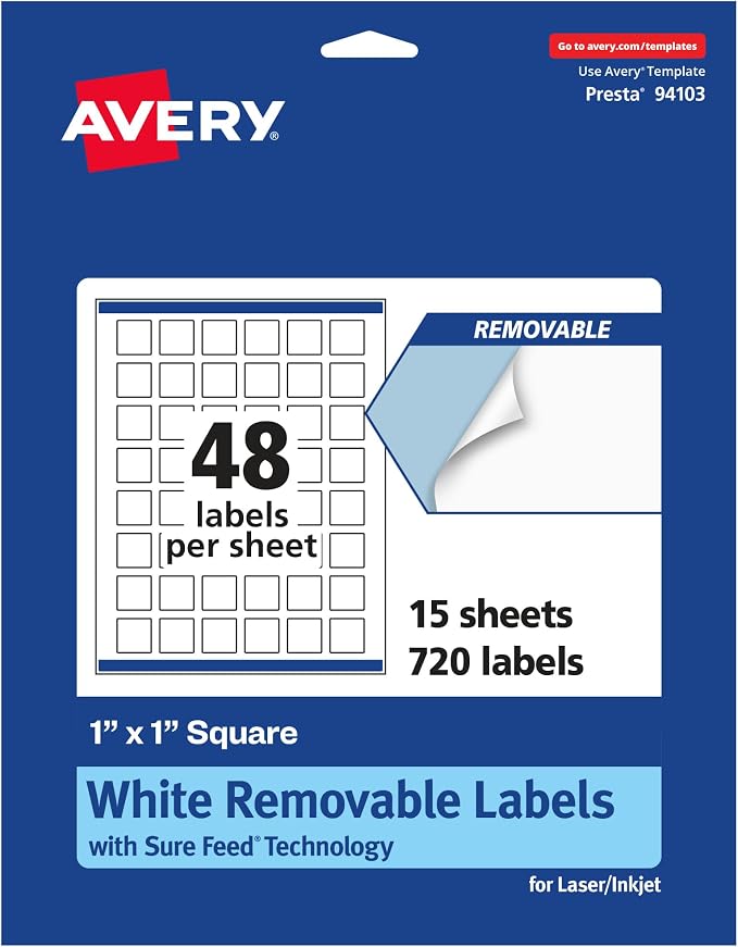 Avery® Matte White Removable Square Labels, Sure Feed® Technology, Print-to-The-Edge, 1" x 1", 720 Removable Labels, Laser/Inkjet Printable