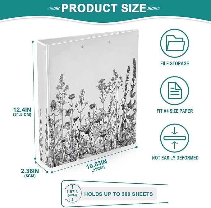 Flowers and Plants 3-Ring Binder 1.5 Inch 1 Pack Round Ring Binder Holds 200 Sheets with 3 Inside Pockets for Office Home Organization