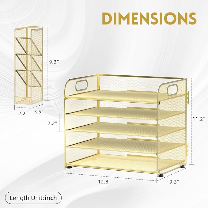 5-Tier Paper Organizer for Desk with Pen Holders, Letter Trays, Gold | Metal Mesh Desktop File Organizer with Removable Trays and 2 Handles for Paper, Files, Mail, Folders in Office Home or School