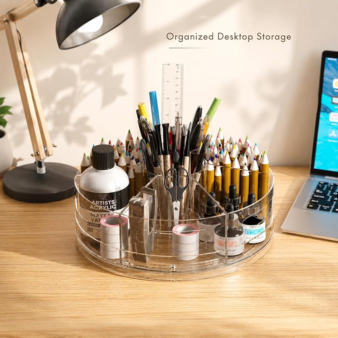 CraftGenes Rotating Organizer, Clear Acrylic Pen Holder and Pen Organizer for Desk, Art Supply Organizer and Marker Organizer, 7 Removable Compartments for Office Supplies, Classroom, Craft Room
