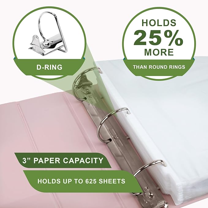 Samsill Plant-Based 3 Inch Durable D-Ring, View Binder, Eco-Friendly, USDA Certified Biobased, Single, Rose