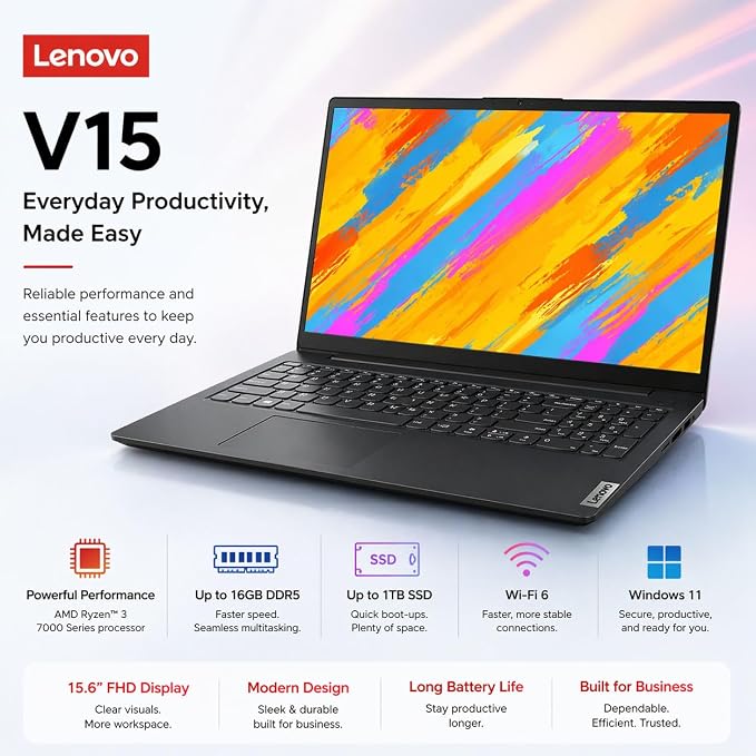 Lenovo V15 Business Laptop 2026 Edition, AMD Ryzen 3 7320U (Beat i7-1065G7), 15.6" FHD Display, 16GB DDR5 RAM, 256GB NVMe SSD, Wi-Fi 6, RJ-45, Dolby Audio, Windows 11 Pro, Black
