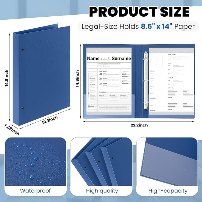 Henoyso 4 Pcs 8.5" x 14" Legal Size Binder 3 Ring 1" Navy Blue Binders | Hold up to 240 Sheets for Documents Artwork Blueprints, Office, Home, Work Places