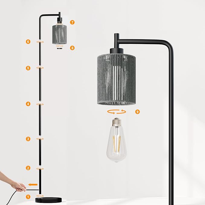 66" Black Floor Lamp for Living Room, Boho Floor Lamp with LED Bulb, Foot Switch, Gray Rattan Shade, Industrial Tall Farmhouse Standing Lamp for Bedroom, Dining Room, Study Room, Office