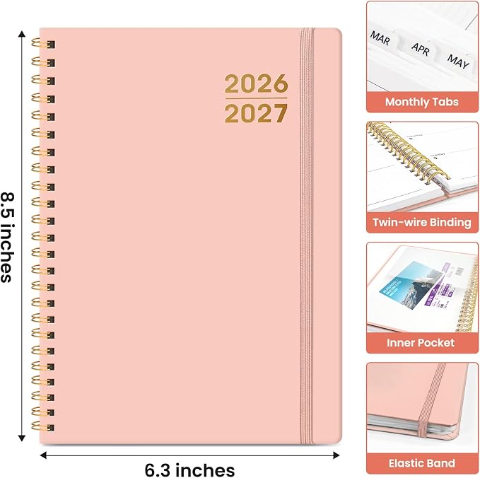 Taja Planner 2026-2027, Jul 2026-Jun 2027 Monthly & Weekly Calendar Book | 6.3" x 8.5", Hardcover Academic Calendar with Tabs, Teacher Student Agenda Book for School Office Supplies - Pink