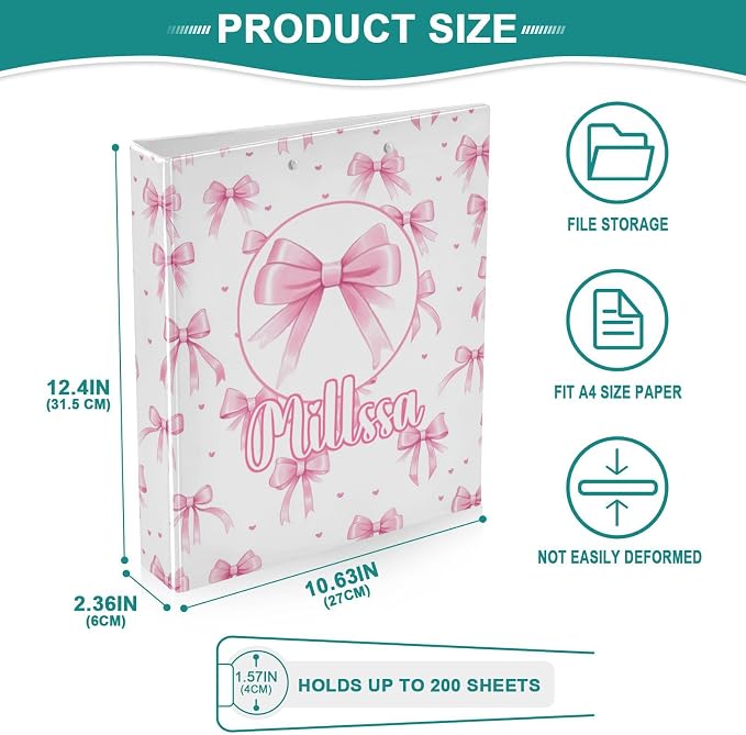 Pink Bows 3 3 Ring Binder with Clipboard Round Ring Binders Personalized Binder 3 Interior Clear Pockets for Office Supplies 2 Pack