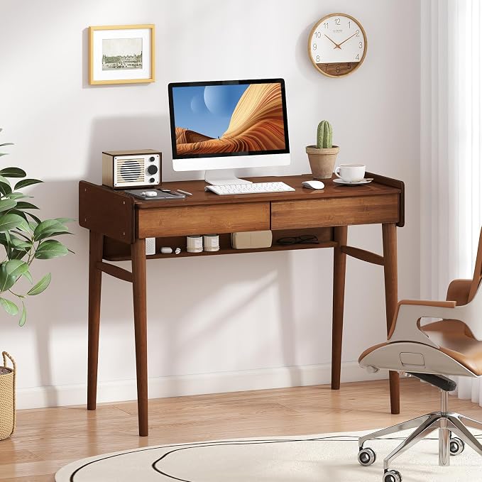 Giantex Mid Century Modern Desk, 39.5" Bamboo Computer Desk with 2 Drawers and Open Storage Shelf, Makeup Vanity Table, Wood Computer Workstation, Vintage Writing Desk for Bedroom, Walnut