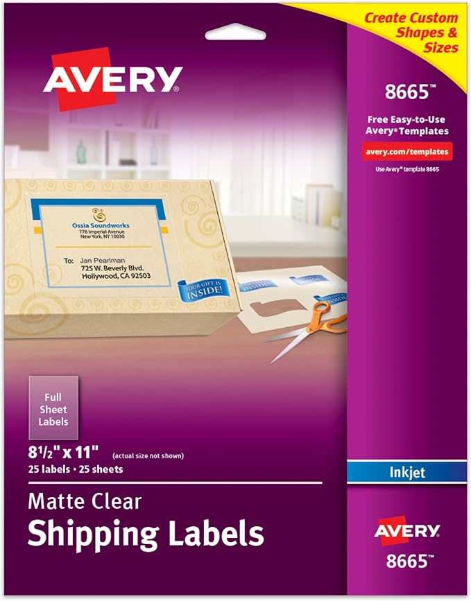 Avery Full Sheet Printable Shipping Labels, 8.5" x 11", Matte Clear, Inkjet, Create Custom Labels Using Scissors or Electronic Cutting Machines, 25 Total (8665)