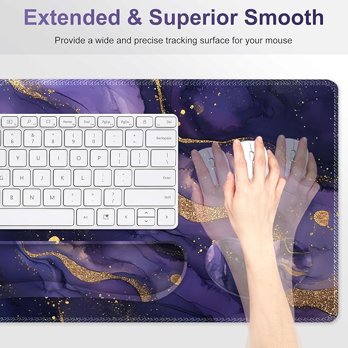 Large Gaming Mouse Pad Set, 4 in1 Ergonomics Keyboard Desk Mat with Memory Foam Wrist Rest, Extended Game Mousepad, Non-Slip Desk Pad Matt Easy Typing Pain Relief I Purple Golden Marble
