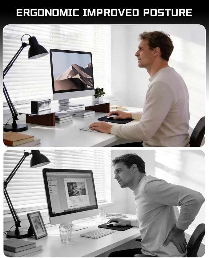 Aluminum Monitor Stand Riser, Ergonomic Desktop Shelf with Wooden Legs - 31.5” Wide Heavy Duty Computer Stand for Home Office, Universal Desktop Monitor Riser for PC, iMac, MacBook, Laptop