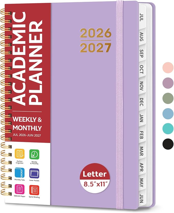 Taja Planner 2026-2027, Jul 2026-Jun 2027 Monthly & Weekly Calendar Book | 8.5" x 11", Hardcover Academic Calendar with Tabs, Teacher Student Agenda Book for School Office Supplies - Lilac Purple