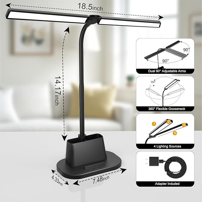 Desk Lamp with USB-C Charging Port and Organizer Base, LED Desk Light with Pen Holder, Phone Stand, 25 Lighting Modes, Flexible Gooseneck Touch Lamp for Home Office, Study Desk, College Dorm Room