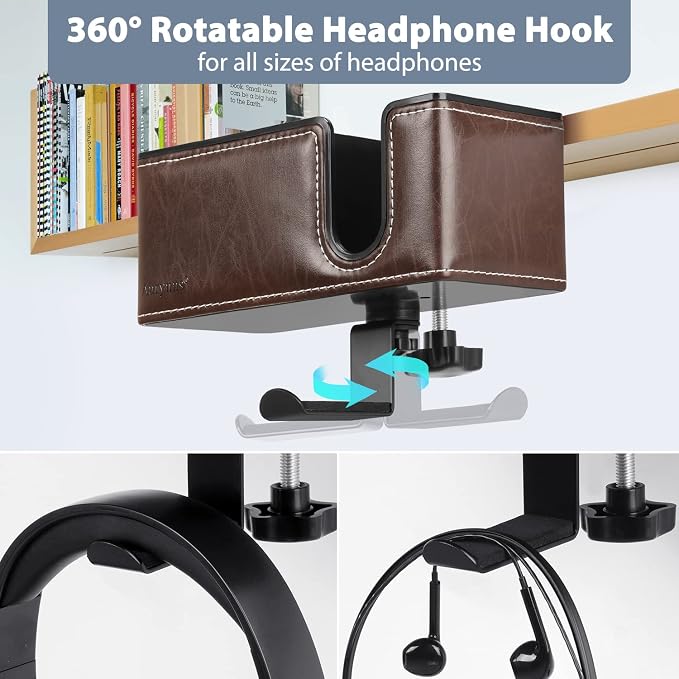 Under Desk Cup Holder Clamp on Cup Holder PU Leather Clip on Desk Organizer | Desk organizer with pencil holder clamp on side, under desk hanging organizer, clip on cup holder desk phone stand holder PU